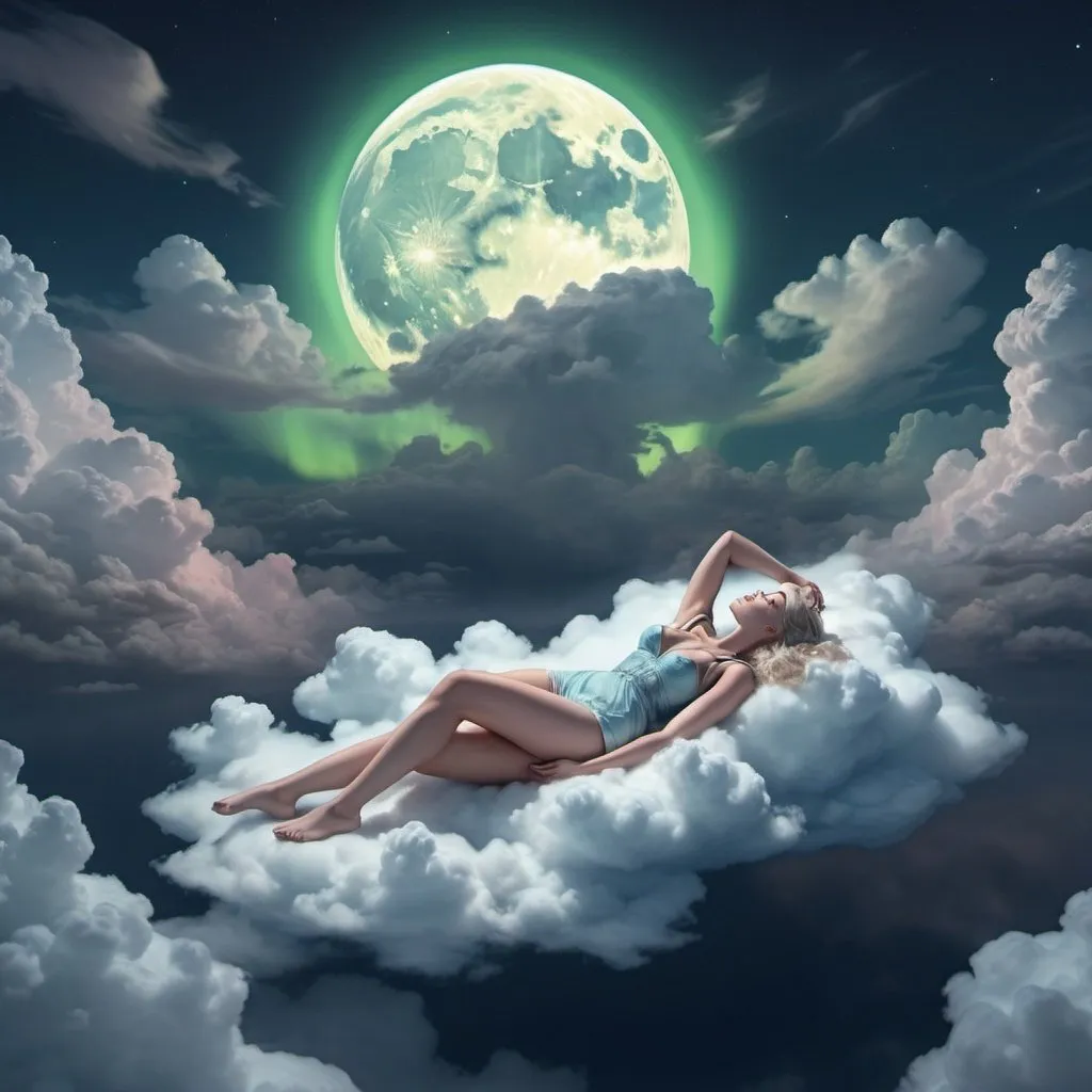 Prompt: giant,  gigantic woman, perfect features laying on clouds above miniature landscape, aurora in the sky, full moon, cell shading, stunning visuals