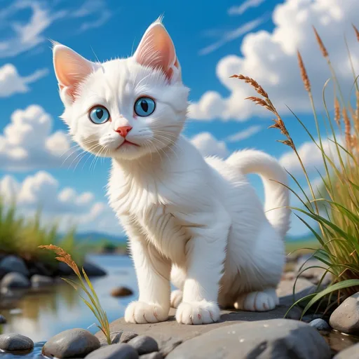 Prompt: Stones on the river bank, a few grasses on a short step, standing a white kitten looking ahead, the kitten's ears are black, the tail is black, the sky is blue with a few white clouds, Japanese Miyazaki Hayao style，8k,