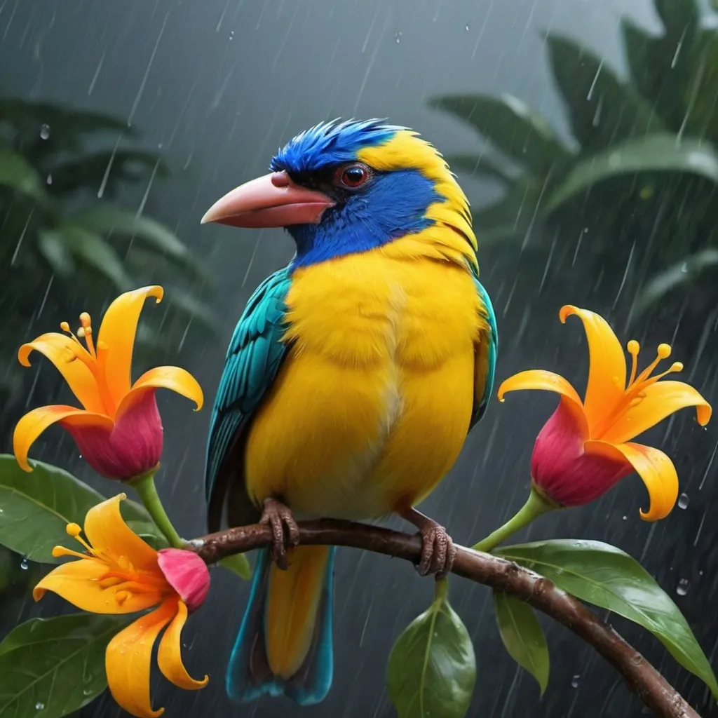 Prompt: Create a Costa Rican the most bright bird in the flowers under the rain