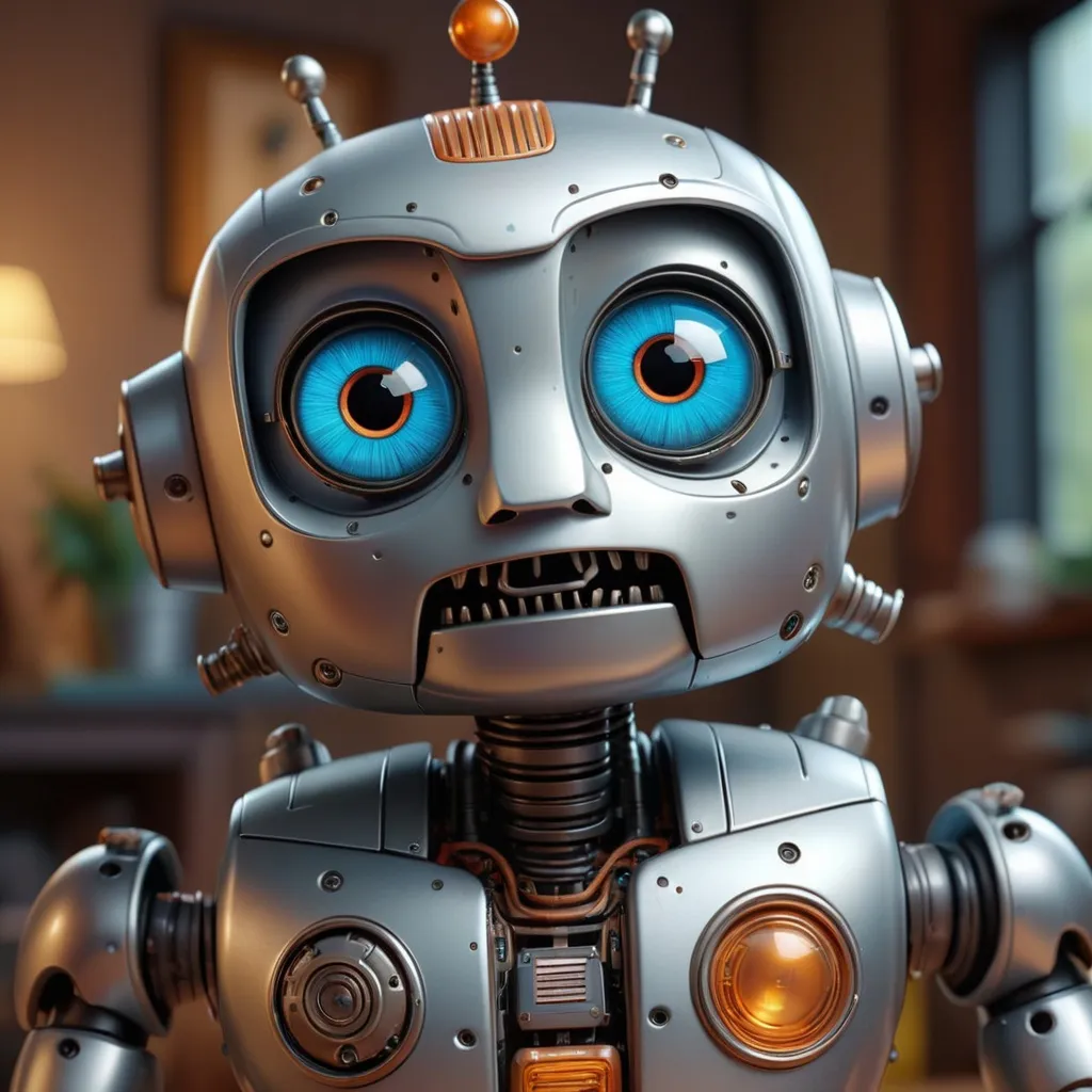 Prompt: Funny cute robot , hyperrealistic, super detailed, 8k, high quality, sharp focus, intricate details, highly detailed, 3D hyperrealistic, sharp detail, masterpieces, realistic, photo-realistic, 8k, highly detailed, full length frame, High detail RAW color art, diffused soft lighting, shallow depth of field,hyperrealism, cinematic lighting, centered composition 