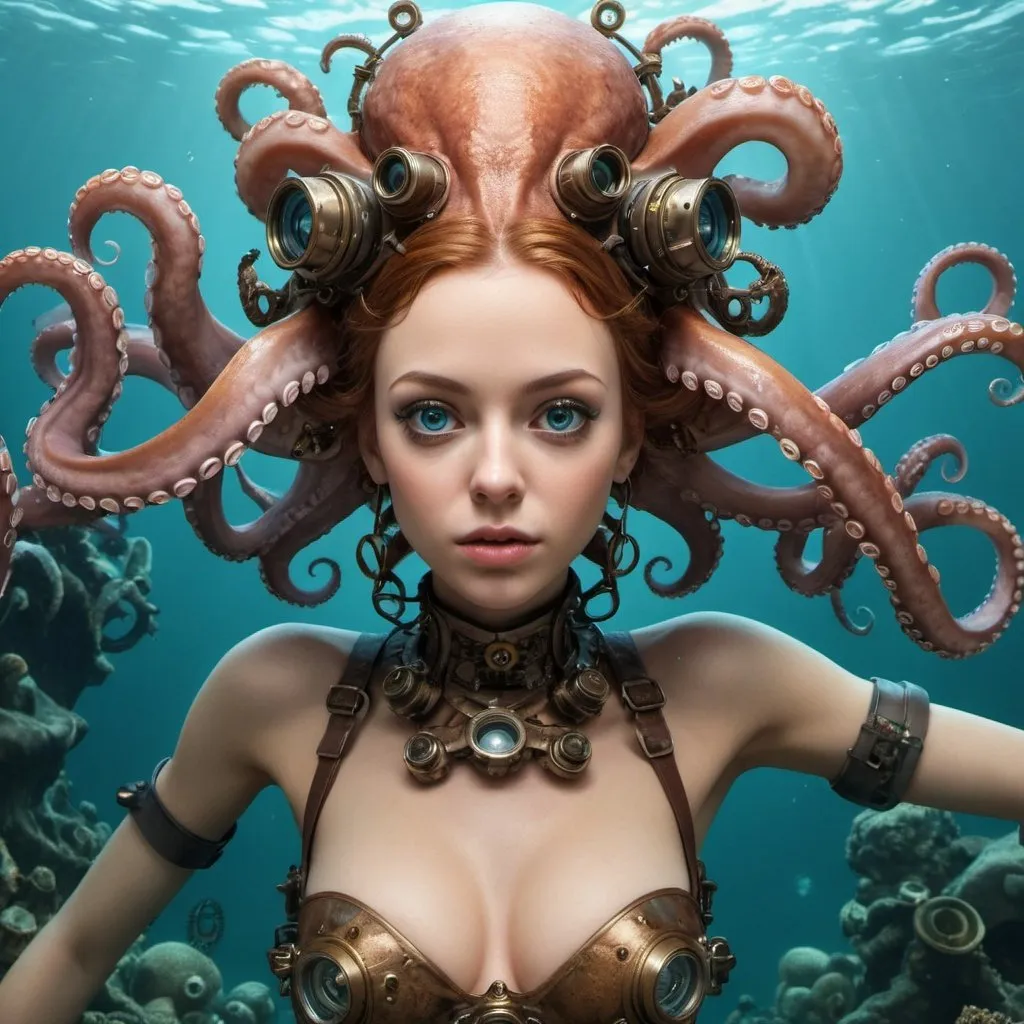 Prompt: Masterpiece, woman, octopus, underwater, from below, detailed face, detailed eyes, detailed hair, whimsical, 8k, best quality, steampunk
Negative prompt: Bad anatomy, normal quality, poor quality 
Steps: 30, Sampler: DPM++ 2M Karras, CFG scale: 6.0, Seed: 1592005856, Size: 512x768, Model: DreamShaper_7_pruned, Seed resize from: -1x-1, Denoising strength: 0, Clip skip: 2, Version: v1.3.57-log-cn-1-g7b192db