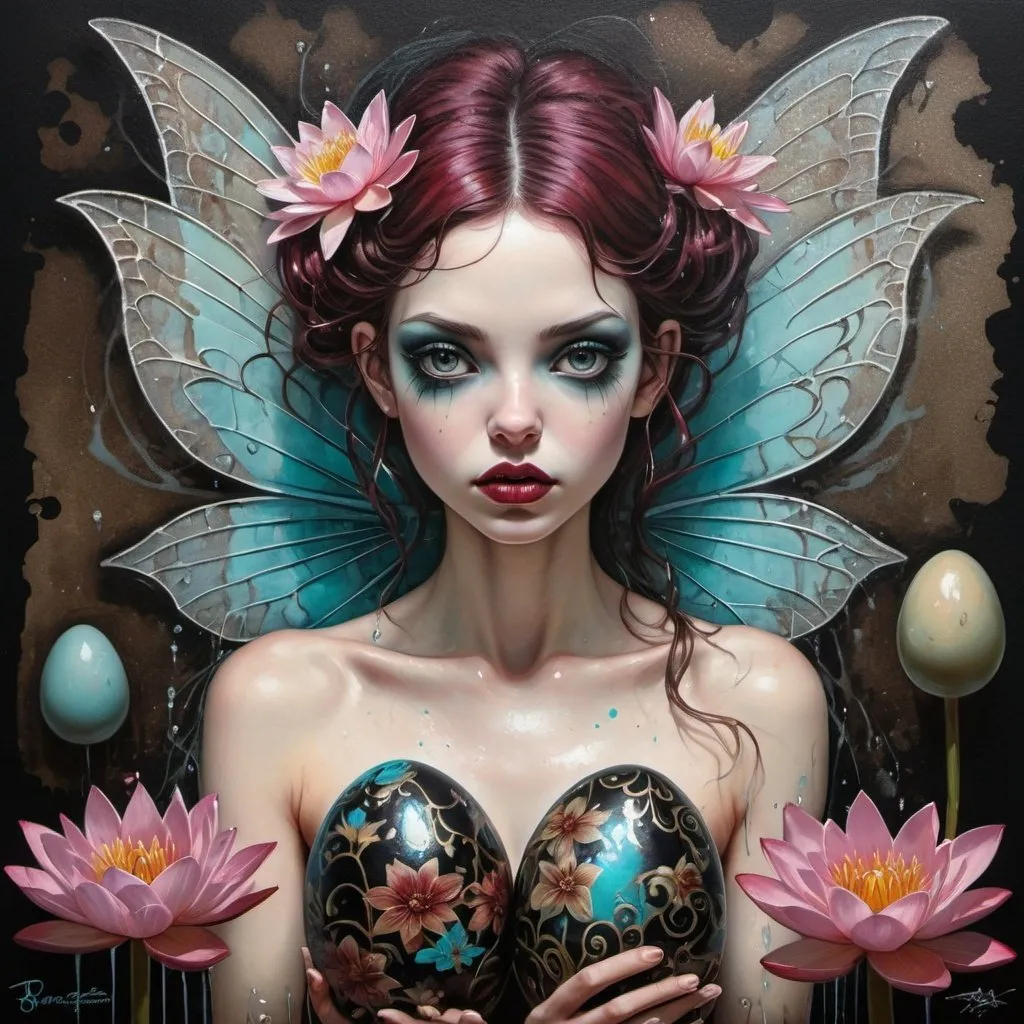 Prompt: "(close up), complex graffiti art, dark brocade, adorable fairy, painting 1 glitter metallic easter egg, by a pond, dripping, water lily,  
optical illusion, (obtuse-shaped:1.4), ethereal enchantment meets mixed media collage, on a complex scroll, against a grunge smoky black, burgundy, cyan and rosy brown background, triple exposure, watercolor wash, perfect eyes, perfect hands, perfect body, immaculate composition, brian viveros, tim burton, esao andrews, anne stokes, complex pose, dynamic light and shadow, bold high quality"