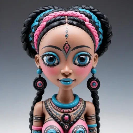 Prompt: Tribal Series,  Pink and blue happy figurine woman with black braided hair, big  sharp eyes, intricate details.