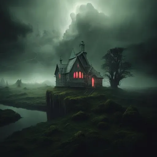 Prompt: Mystical photo of a surreal landscape, storm, small house, enchanting, foggy ambiance, mysterious lighting, dark tones, gothic aesthetic, hauntingly beautiful, trending on art platforms, art by dark fantasy artist.