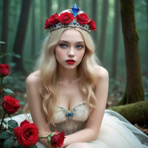 Prompt: <mymodel>Fairy tale, beautiful girl with white skin, (perfect face), light golden hair, blue pupils, red lips, forest style, mysterious, vintage fashion-dresses, with a transparent crystal crown on her head, the woman's body is so white Glows, (high detail) sitting on an oversized red rose, hyperdetail, ultra high definition.<mymodel>