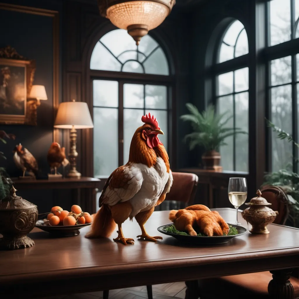 Prompt: impressive luxury residence combining the styles of metaphorical chicken and mystical fox, professional photography, cinematic lighting, unsplash