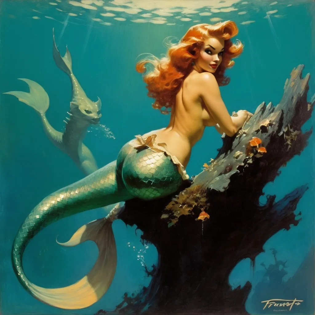 Prompt: painting of a mermaid by Frank Frazetta and Gil Elvgren.