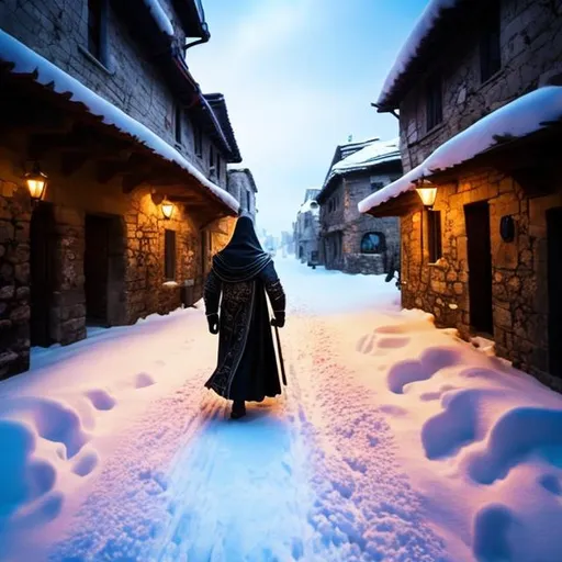 Prompt: A back vew of a mage man walking in a cobbeled street of a medieval village covered of snow during the night. He wearing a hooded coat.