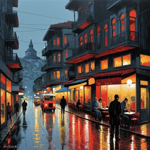 Prompt: the streets of istanbul on a rainy night with cafes in the background painted by hiroshi nagai