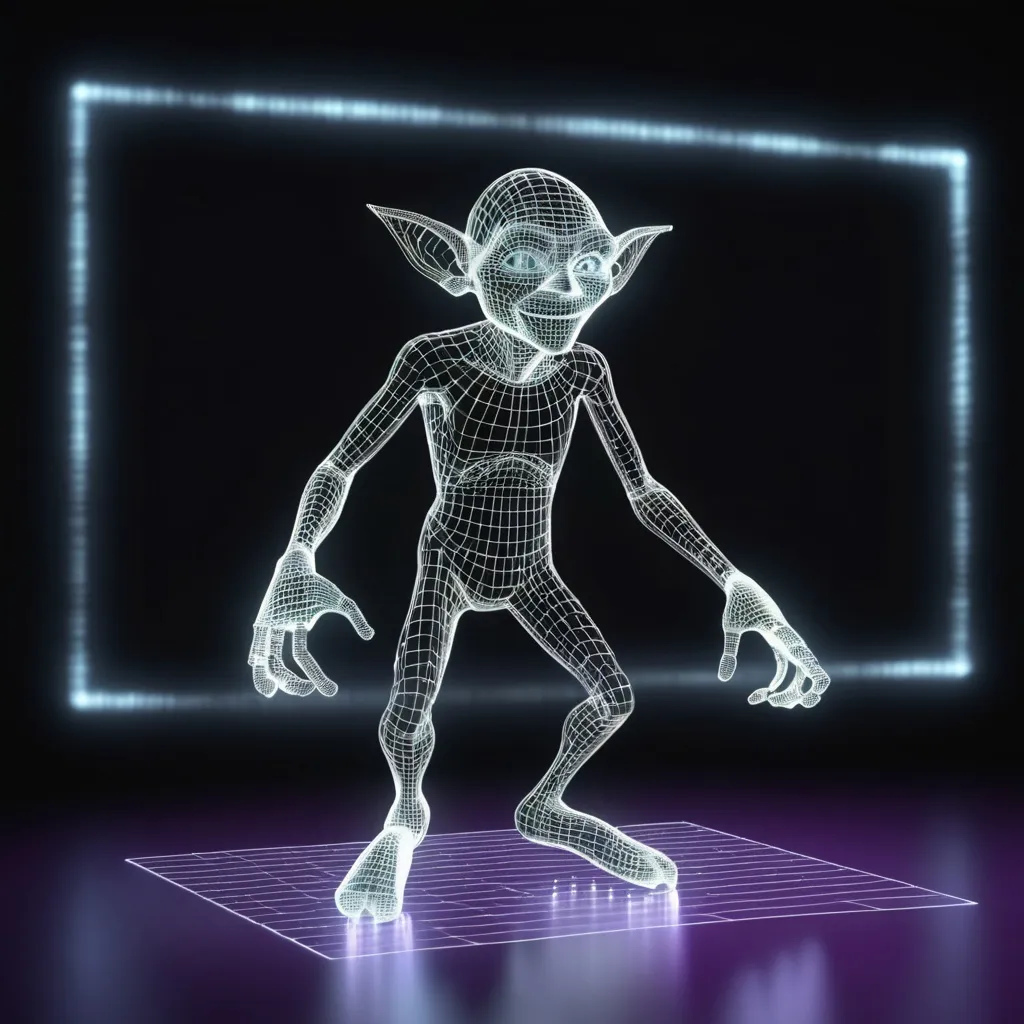 Prompt: 3D transparent holographic projection of a (holographic glowing wireframe goblin character:1.3), transparent, translucent, glowing, holographic, ghost, pellucid floating above a stage, transparent