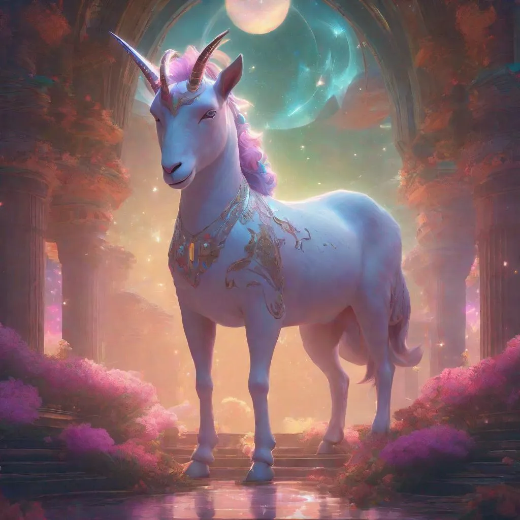 Prompt: A mythical goat-like unicorn adorned with celestial motifs,, unreal engine, greg rutkowski, loish, rhads, beeple, makoto shinkai and lois van baarle, ilya kuvshinov, rossdraws, tom bagshaw, alphonse mucha, global illumination, detailed and intricate environment