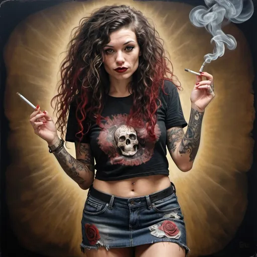 Prompt: The Australian female sheila, tattooed, dark messy zentangled long curly hair, ruby red lips, wearing ripped mini skirt, flip flops, metal rock t-shirt, flipping the bird, lit cigarette, smoking, feminine and quirky, whimsical magic realism, intricately detailed concept art masterpiece, grunge, encaustic, in the style of gdaymate