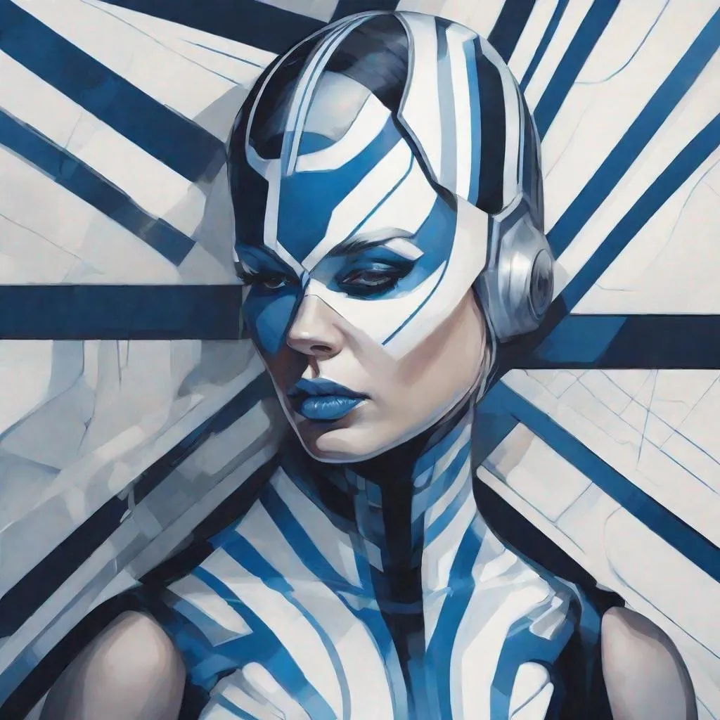 Prompt: an artist painting a futuristic model, in the style of simplified and stylized portraits, superheroes, dark white and dark azure, ekaterina panikanova, hypnotic symmetry, striped, marvel comics