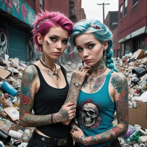 Prompt: Punk versions of Anna and Elsa surrounded by garbage, skull imagery, bottles of beer, discarded cigarettes with their distinct facial features remaining untouched, bearing intricate tattoos, color clash, subcultural aesthetics, street art inspiration, digital rendering, vivid contrast, urban decay backdrop, low-light environment, grimy textures, bold tattoo designs.