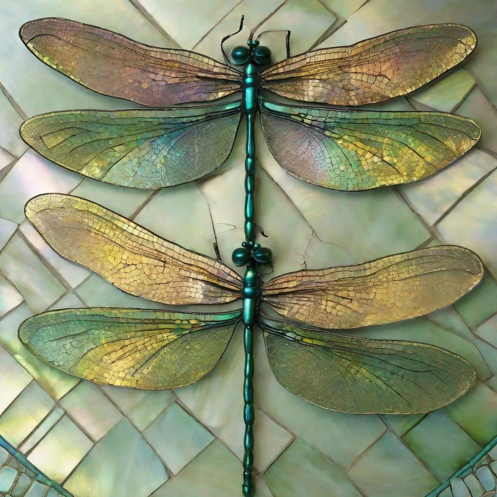 Prompt: Dragonflies with their iridescent mother-of-pearl wings are very often found in Art Nouveau interiors.