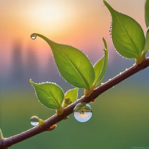 Prompt: a fairy born from a soft sprout spread on a branch of a tree, embodying the essence of new ventures and expansion, captured in the soft glow of morning light, dewdrops clinging to the young leaves, backdrop of a pastel sunrise sky, high dynamic range photography, macro lens, aperture F 2.8, vibrant color saturation, depth of field highlighting the intricacies of the buds' textures, ultra-real
