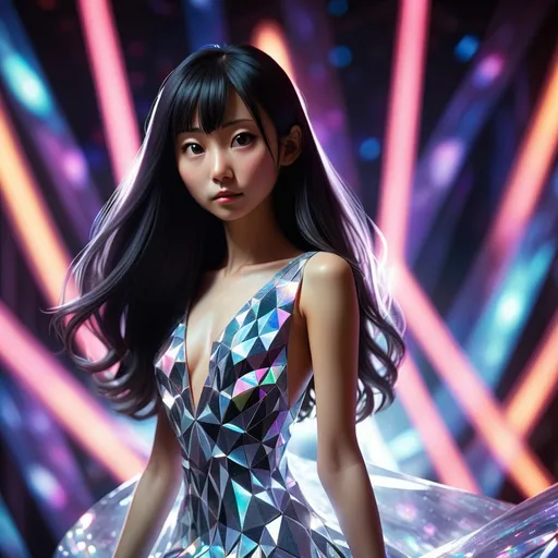 Prompt: Photorealistic Sadako Yamamura in a diamond dress in a Glowing cosmic rave venue.