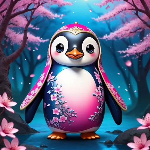 Prompt: A wonderful cute adorable uwu kawaii chibi big headed wide eyed Glamorous penguin, dressed in a glossy fancy opulent decrative sparkling twinkling modest hot pink kimono,, in a forest full on falling cherry blossoms during a blue ethereal Cyanotype sunset, extremely intricate, hyperdetailed, dynamic lighting, deep colors, vibrant, masterpiece