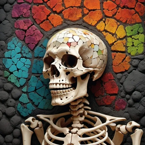 Prompt: Skeleton happy mosaic lava By Igor morski colorful art print, delicious vintage macabre mildew decay, caustic metal and wood, acid burn, abstract, textured, soft air pollution