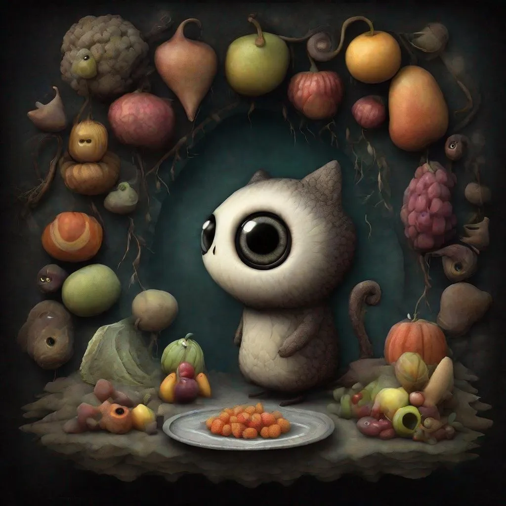 Prompt: A cute character, large eyes, playful food art, dark background, dynamic pose, digital art, Andy kehoe