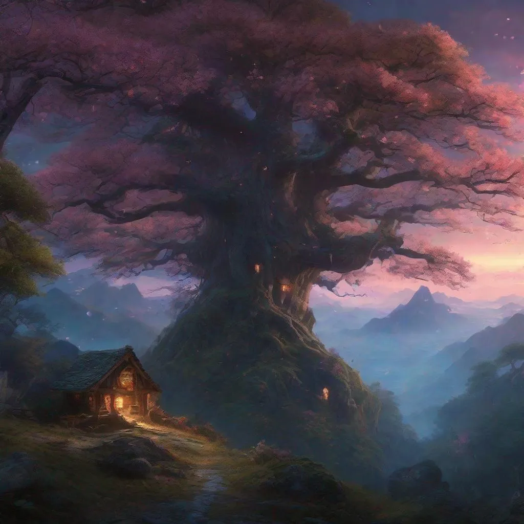 Prompt: ((highly detailed sharp focus 4k UHD wallpaper)) 9:16 breathtaking awe inspiring giant forest at twilight hour, majestic oak trees, Sakura trees, hobbit houses on the cliffside, magical, iridescent, fairycore, mountains in the distance, dramatic foreground framing, art by Stephan Martinière and Liam Wong, Caspar David Friedrich, Jessica Rossier, and Ferdinand Knab.