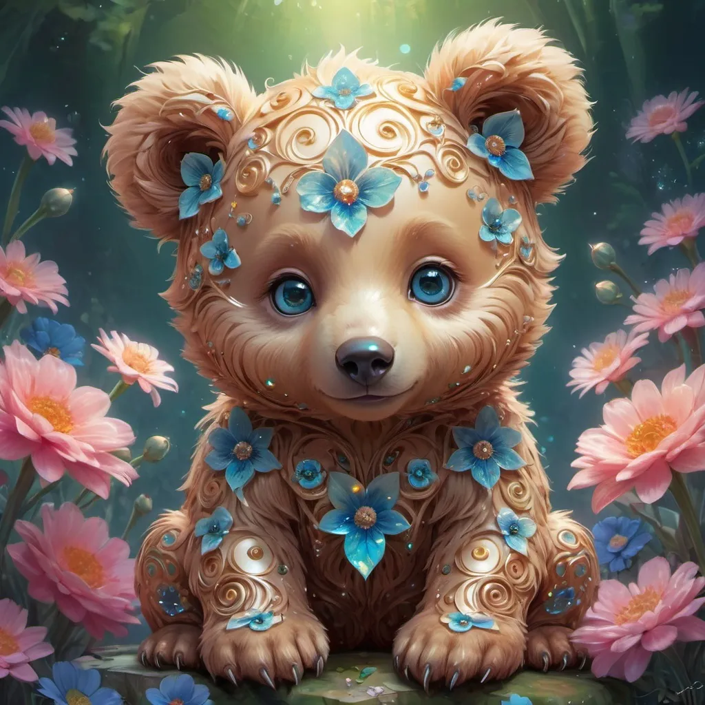 Prompt: Cute colorful magical charming with a beautiful face animal baby bear cub, animal bear cub - baby sequins, holographic filigree, reflective eyes, intricate, extremely detailed, filigree looking into the camera, large round detailed eyes, cute, charming, cutie, flowers, very fluffy, detailed eyes, magic, surrealism, fantasy, digital art, author Ross Tran, Lop-eared, Artgerm and James Jean, Brian Froude, Naimi Kanani, masterpiece of complex art, golden ratio, trend of complex art stations, high detail, ultra-high quality, Mysterious