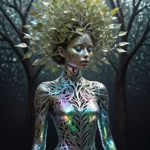 Prompt: a human body which looks like a tree, head like a treetop, wearing a sartorial beautiful dress out of holographic patterns, iridescent, leaves shaped out of metal, lightfull scene, mystical, ritualistic