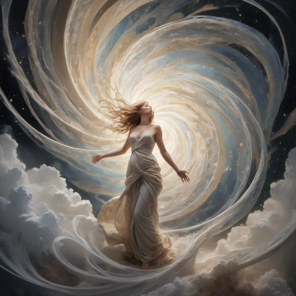 Prompt: a figure bathed in ethereal light, surrounded by swirling patterns reminiscent of turbulent winds and celestial bodies. Within the chaos, there is a sense of calm determination in the subject's expression as they gaze upwards towards a distant point of light, representing their journey through adversity ("Per Aspera") towards the lofty heights of their aspirations ("ad Astra").