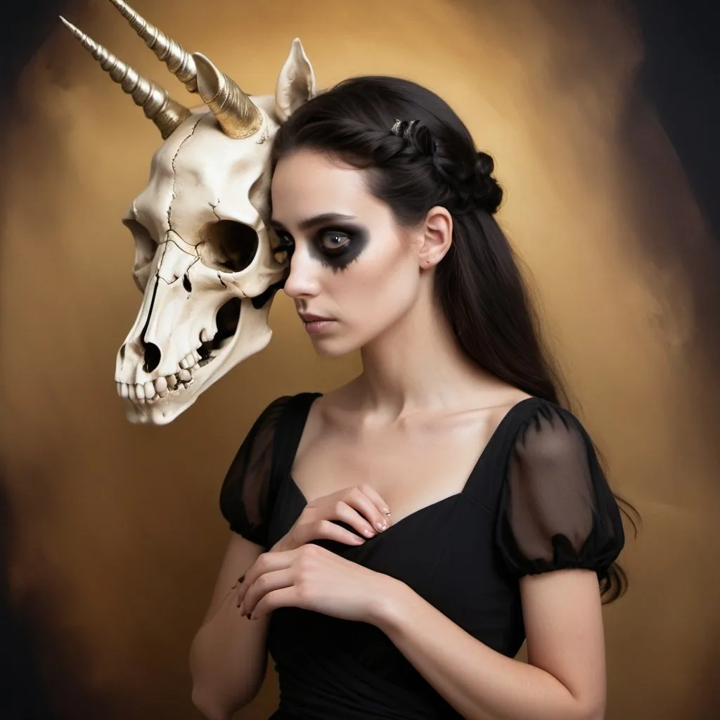 Prompt: Profile 3/4 Portrait of a woman in a black dress with a unicorn skull on her head, covering part of her face, with very large black eyes. She is wearing a black dress and holding a skull in her hands, softly blurred golden background. surreal , realistic photographic quality , professional color gradation, soft shadows, no contrast, film photography style