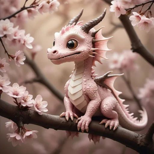 Prompt: Close-up photography of a minuscule, joyous, dreamlike dragon with an ethereal transparent body encapsulating delicate sakura blossoms, perched on a tree branch amid fresh spring leaves, captured looking into the camera, fantasy elements infused by Andy Kehoe, styled with soft sepia tones, embellished with artistic water droplets, dynamic posture, tender ambiance accentuated with soft pastel hues, octane rendered with soft natural volumetric lighting, atmospheric composition with sharp focus