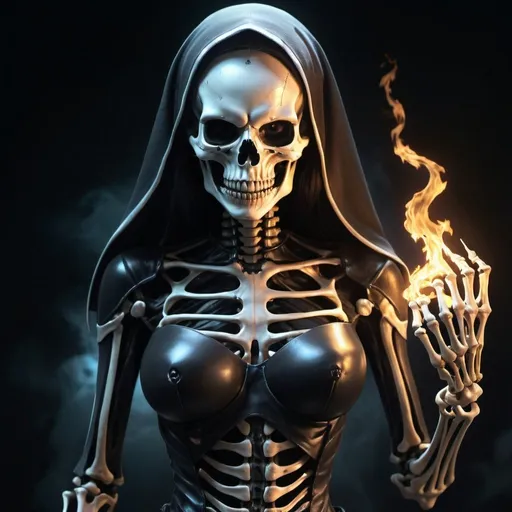 Prompt: Highly detailed 4k UHD anime illustration of a female ghost rider Nun, skeleton form perfect autonomy body shape, muscular slim body tone, defined abs, anime, horror, skeletal features, intense eyes, dark atmosphere, hauntingly beautiful, atmospheric lighting, eerie glow, highres, detailed skeletal structure, spectral aura, professional