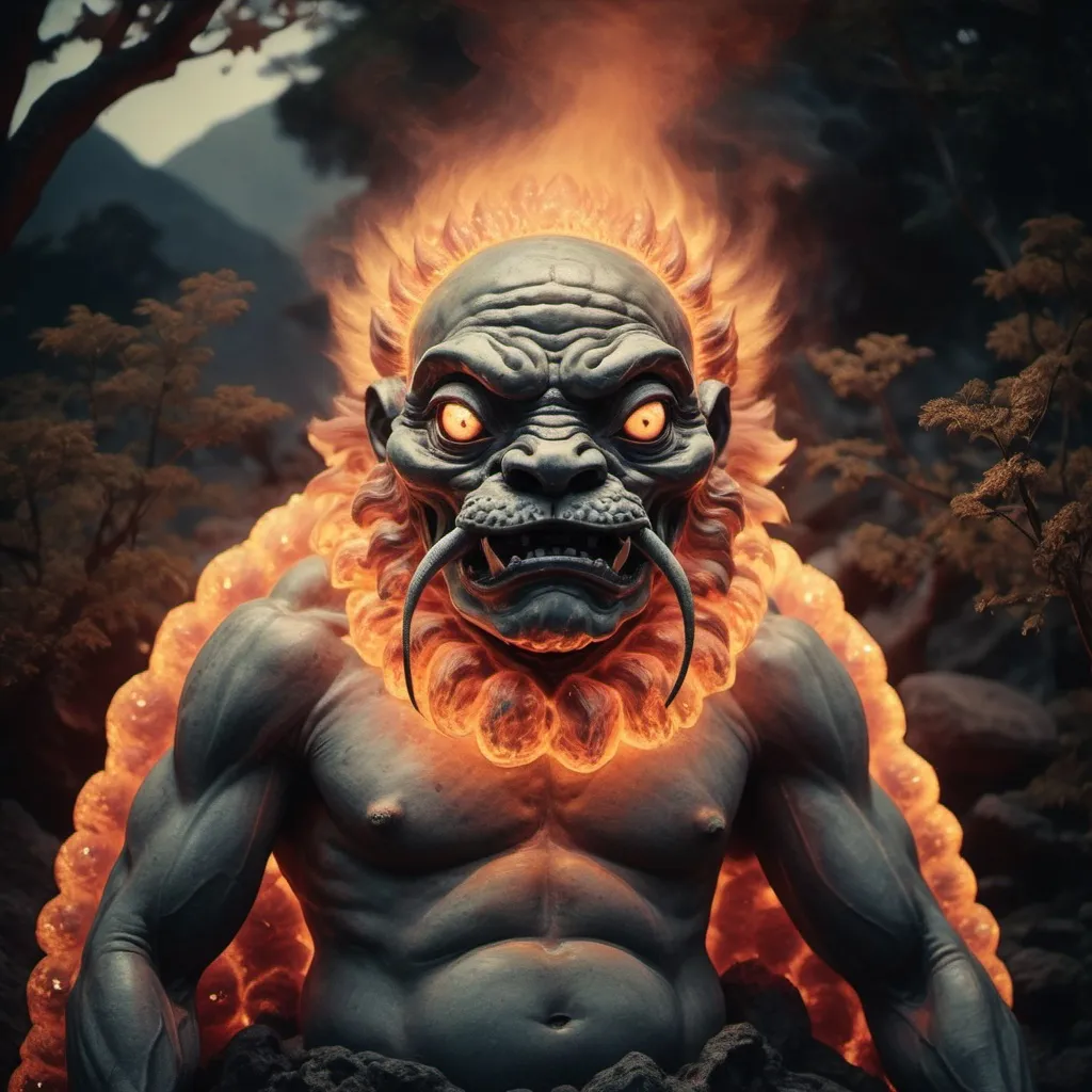 Prompt: Mysterious magma creature by the fusion of styles from Kawanabe Kyōsai, Ravi Varma, and William Holman Hunt, encoded in a daguerreotype aesthetic with cinematic lighting and bokeh effect, chiaroscuro, ethereal glow, intricate textures, high contrast.