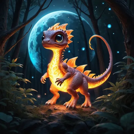 Prompt: Create a digital illustration of a chibi-eyed, fire-breathing, mythical creature, similar to a small dinosaur with a flaming tail, playing with fireflies in a forest. The scene is bathed in a soft, luminous light emanating from a full moon hanging in the sky, filtering through tree branches. Add a dash of magic with the presence of small, glowing ember flakes that simulate bioluminescence, drifting through the air. The creature has a hyperrealistic appearance with large, radiant eyes that carry depth and intricacy, capturing viewer’s attention. The overall image should resonate feelings of enchantment and beauty.