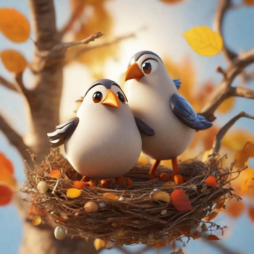 Prompt: Create a photo-realistic photography image of a cute and happy pixar style bird couple in they're nest high in a tree. It's autumn and they are preparing their cosy nest. It's a bright and sunny autumn day. Product photography, whimsical and playful, sunny environment, A medium shot natural light, ultra realistic