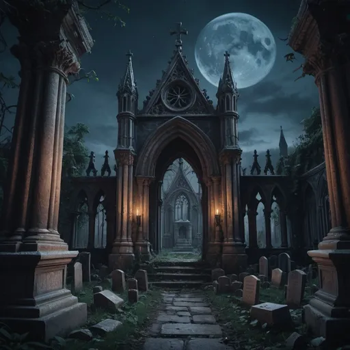 Prompt: dark mysterious abandoned cemetery in the gothic court yard on the dark night gothic photorealistic gothic feel Epic cinematic brilliant stunning intricate meticulously detailed dramatic atmospheric maximalist digital matte painting detailed matte painting, deep color, fantastical, intricate detail, splash screen, complementary colors, fantasy concept art, 8k resolution trending on Artstation Unreal Engine 5, trending on artstation, sharp focus, studio photo, intricate details, highly detailed, by greg rutkowski, trending on artstation, sharp focus, studio photo, intricate details, highly detailed, by greg rutkowski, Miki Asai Macro photography, close-up, hyper detailed, trending on artstation, sharp focus, studio photo, intricate details, highly detailed, by greg rutkowski