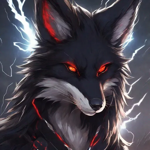 Prompt: young warrior black fox with (solid jet black fur) and {scarlet eyes}, feral, gorgeous anime portrait, 2d cartoon,  lightning element, crackling lightning, beautiful 8k eyes, fine oil painting, intense, wearing shiny bracelet, low angle view, (unsheathed claws), visible claws, 64k, thick white outlines, fine colored pencil,  head turned toward viewer, hyper detailed, expressive, intense, heroic, friendly, compassionate, brawny, thick billowing mane, fiery colors, psychedelic colors, lightning charged atmosphere, colorful stones, glistening black fur, prowling through a twilight forest,  golden ratio, intricate detailed fur, precise, perfect proportions, vibrant, prowling by a sun-bathed river, hyper detailed, complementary colors, UHD, HDR, top quality artwork, beautiful detailed background, unreal 5, artstaion, deviantart, instagram, professional, masterpiece