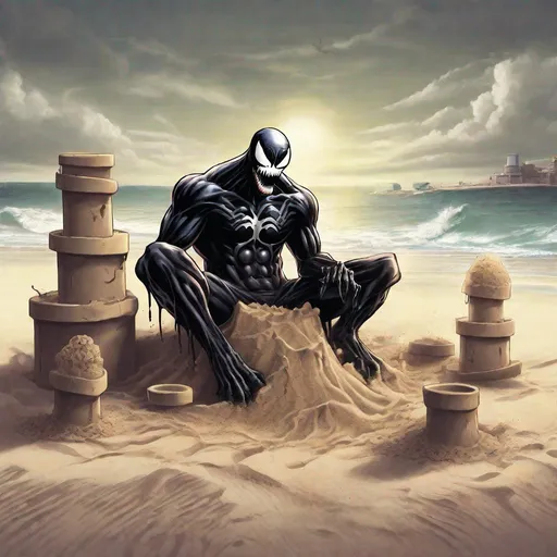 Prompt: Venom Symbiote, making a sand castle, Walter White Breaking bad helping, beach background