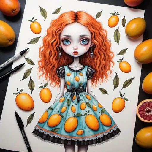 Prompt: 
cute girl with mangoes  in the style of Tim Burton in a dress with a mango and oranges pattern
painting with pastels, felt-tip pens and wet ink
in detail
colorful
don't take your eyes off
