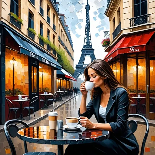 Prompt: Beautiful woman sitting alone sipping coffee outside at a Paris café, thick oil painting style,In impasto painting, artists apply thick layers of paint to their canvases to produce a heavy texture that makes brush strokes and knife strokes more visible. 