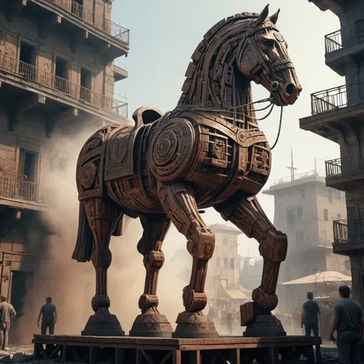 Prompt: a statue trojan horse made of intricate wood in the ancient city of Troy wide view, art by Aleksi Briclot, Realistic 3d glossy effect, highly artistic, rough textures, incredible masterpiece, render, photorealism, hyperrealism, intricate details, ultra skin intricate clothes accurate hands, macro image detailed, shots, badass look, action, perfect eyes, best quality, extremely sharp focus face, analog fine film grain, cinematic, realistic, trending artstation, focus, studio photo, details, highly rutkowski, intricate, busy, raw, 4k, 8k, isometric, digital smog, 3d render, octane volumetrics, artwork masterpiece, ominous, matte painting movie poster, golden ratio, cgsociety, sharp focus, emitting diodes, smoke, artillery, sparks, racks, system unit, motherboard, by pascal blanche rutkowski repin artstation hyperrealism painting concept art of detailed character design matte painting, 4 k resolution blade runner