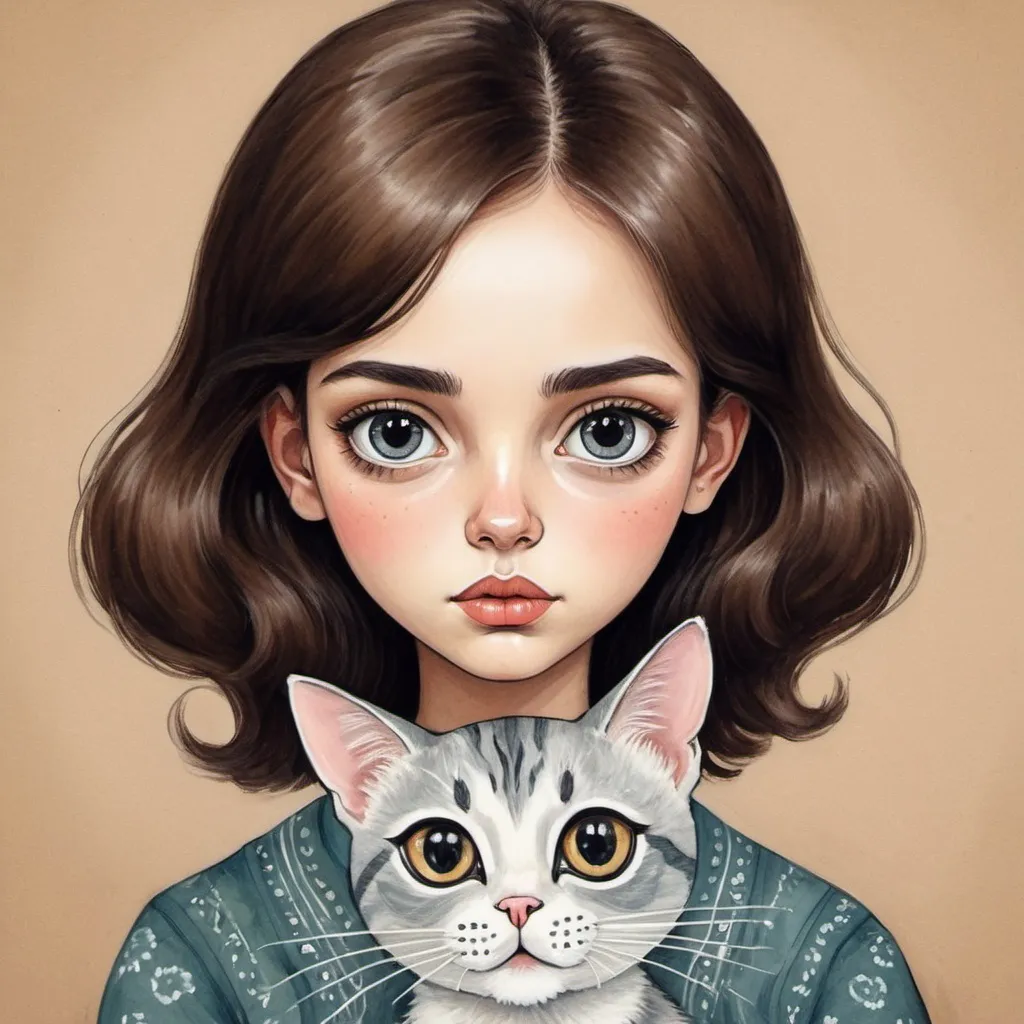 Prompt: naive art girl portrait face with very big eyes  holding a beautiful 
 cat, perfect, trending on etsy, simply draw , naive art simply sketch