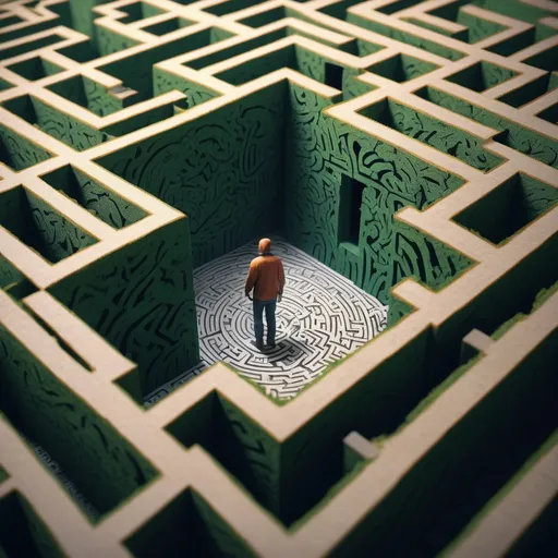 Prompt: A man trapped inside a maze trying to find a way out ,ultra realistic,ultra detailed, ultra rare drawing ,32k, ultra hd, realistic, vivid colors, highly detailed, UHD drawing, pen and ink, perfect composition, beautiful detailed intricate insanely detailed octane render trending on artstation, 8k artistic photography, photorealistic concept art, soft natural volumetric cinematic perfect light