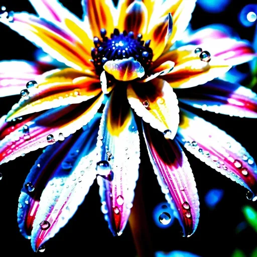 Prompt: Create a visually enchanting macro photo that brings the stunning intricacies of a rain-soaked botanical garden to life, focusing on the way water droplets interact with delicate petals and leaves to create unimaginable textures and reflections, all set against a hyper-professional background --v5, --4:3