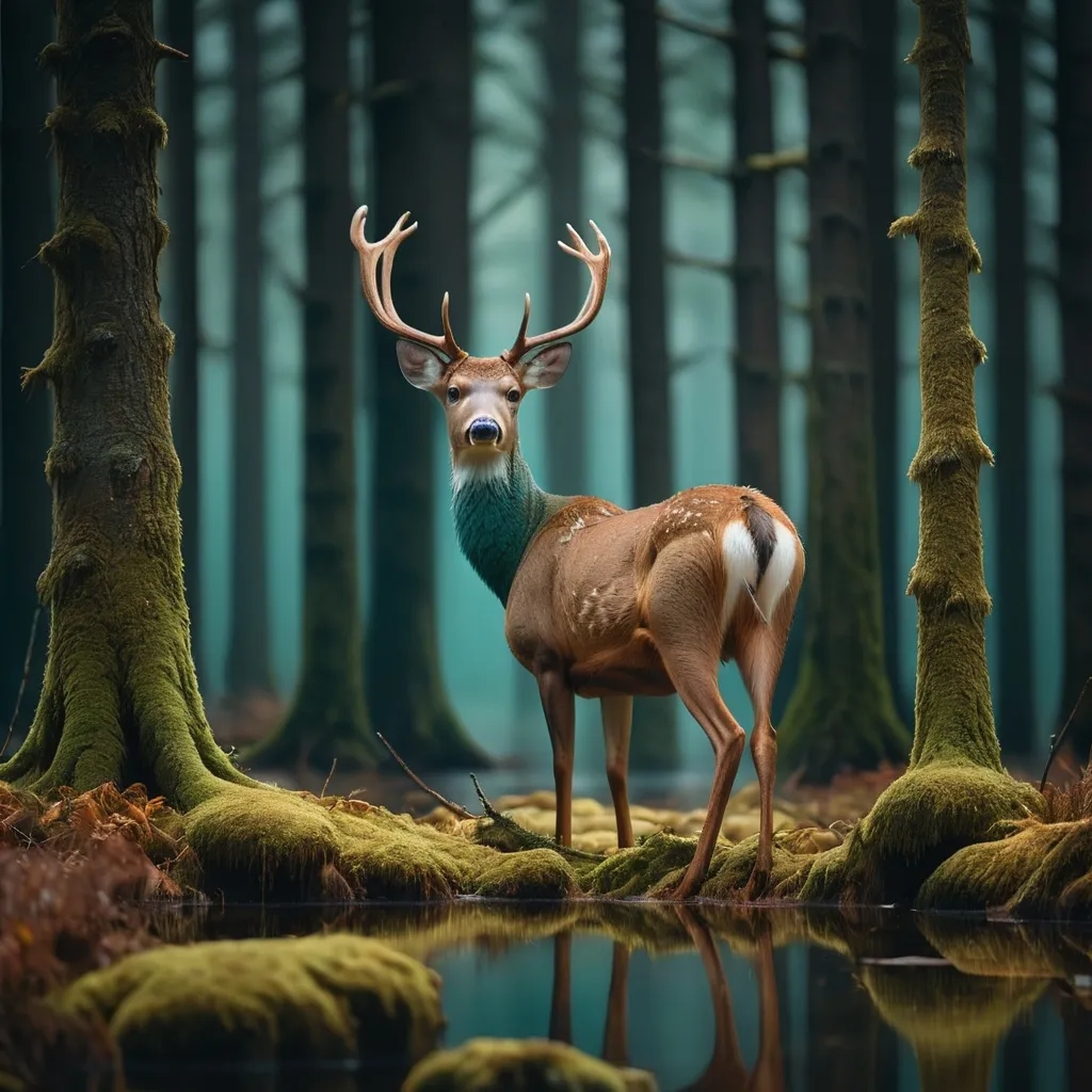 Prompt: minimal, cinematic, a deer among the trees, forest lake, moss, cold weather, dark teal and amber, Sony A7 IV