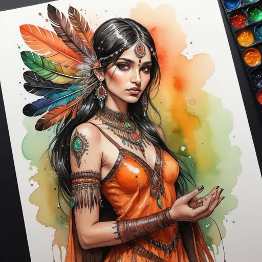 Prompt: indian girl in a leather orange and brown dress, in black smooth hair a bright feather, holding a druse with red crystals in her hands + Watercolor, colored ink, fine detailed drawing, many small details, fantasy, mysticism, black background backlight green electric and rainbow shimmer + coherent complex composition, layering