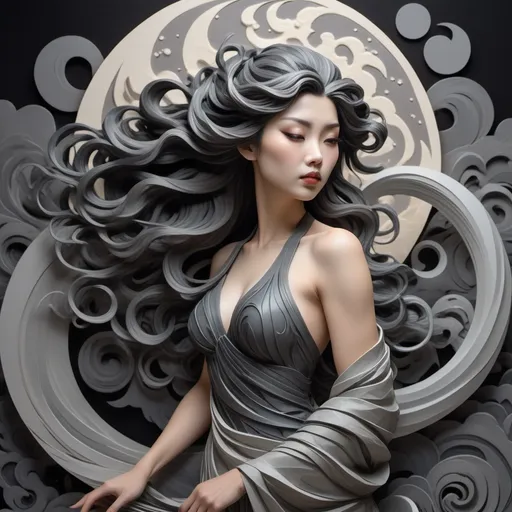 Prompt: A woman with long swirling hair standing in front of a full moon, artgerm and ben lo and mucha, black clouds, female water elemental, lots of swirling, grey and black, paper relief sculpture, inspired by Luo Mu, detailed dress and face, featured art, painting of a woman in the style of paper art, 