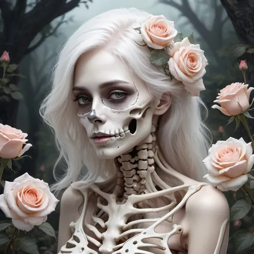 Prompt: beautiful skeleton girl with white hair, roses instead of eyes, subtle drawing, beautiful landscape, pixel graphics, delicate sensuality, lots of roses,realistic, high quality,rococo style, work of art, hyperdetalization, professionally, filigree, hazy haze, hyperrealism, professionally, transparent, delicate pastel tones, back lighting, contrast, fantastic, nature,space, milky Way, fabulous, translucent, glowing, clear lines