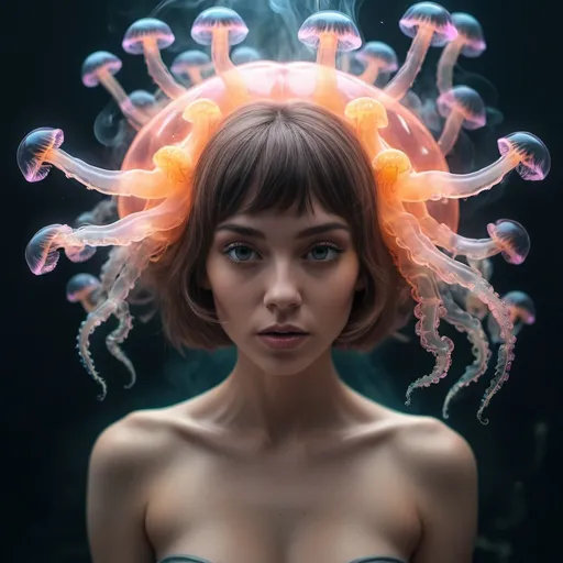 Prompt: Cute Creature. Fine art photography portrait anthropomorphic being (33% beautiful random woman, 33% smoke, 33% neon jellyfish made of smoke), 3d render, cgi, symetrical, raw, octane render, 35mm, bokeh, , hdr, intricate details, hyperdetailed, hyperrealism, soft light, dynamic pose, underwater