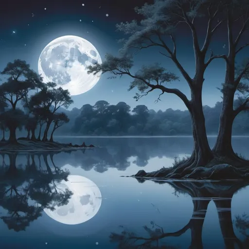 Prompt: Create a breathtaking wallpaper featuring a serene midnight landscape, where moonlight dances on a tranquil lake surrounded by ancient trees, casting reflections that weave a tale of tranquility and mystery.