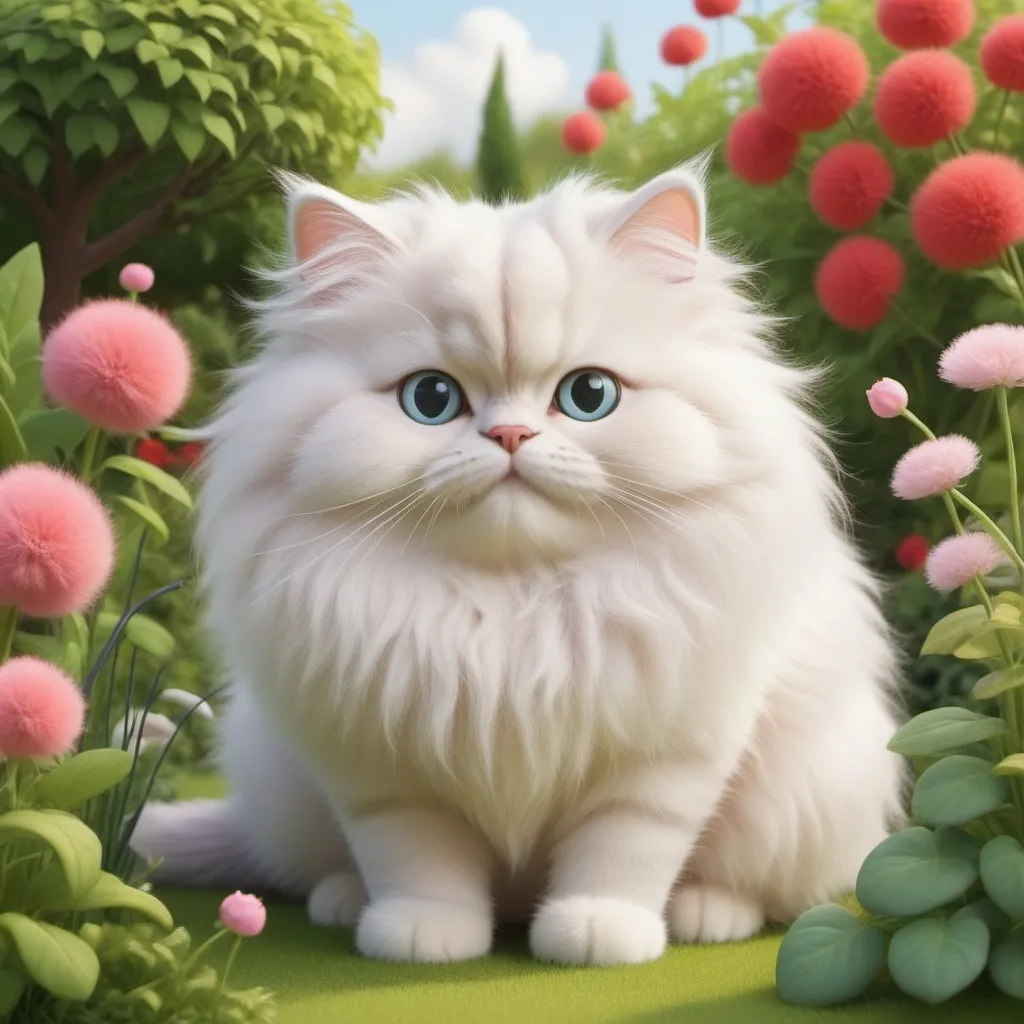 Prompt: cartoon in love  fluffy cat in a garden